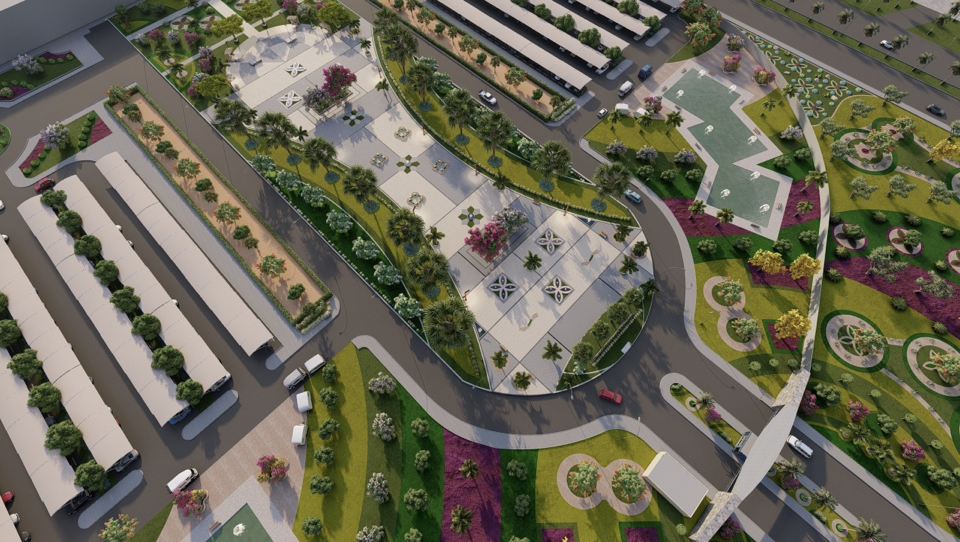 Aerial view of a landscaped park and green spaces designed by Natural Life